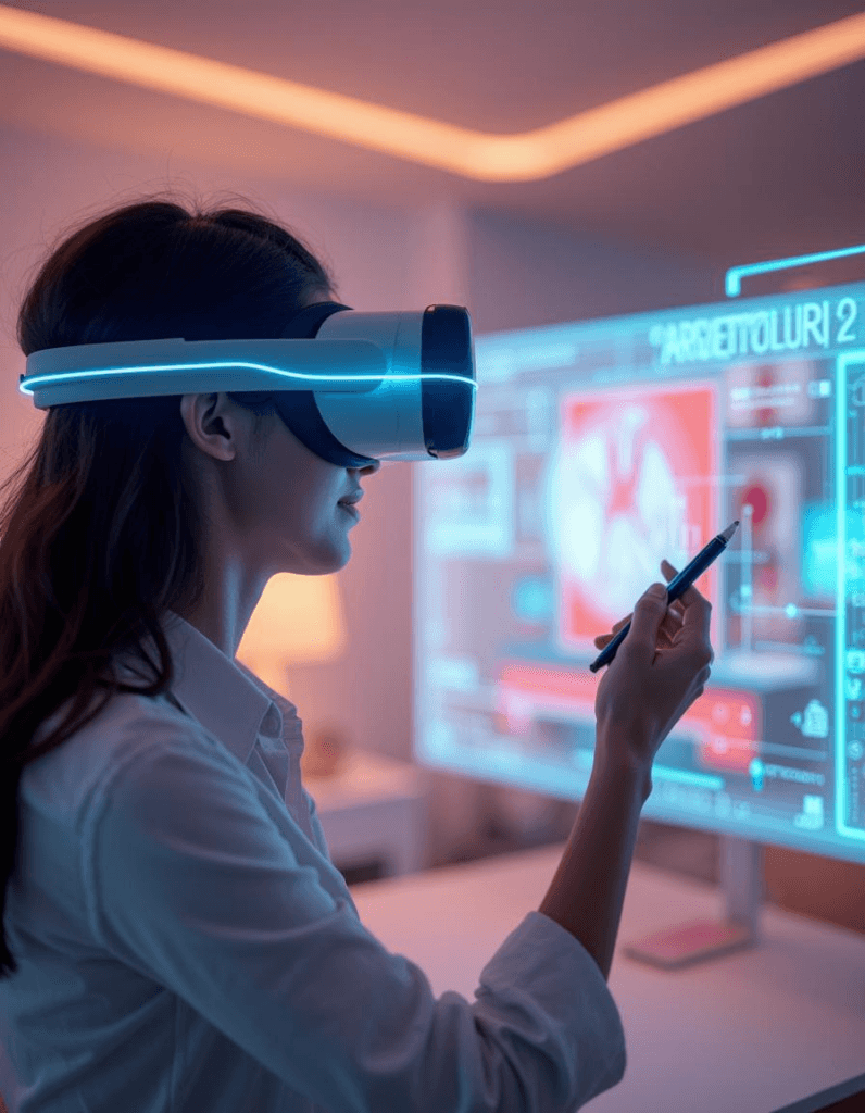 Simulação de um projeto arquitetônico futurístico em realidade virtual com ambientes detalhados em 3D