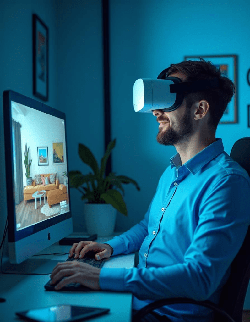 Designer explorando um projeto de interiores em Realidade Virtual, ajustando móveis e iluminação em um ambiente virtual.